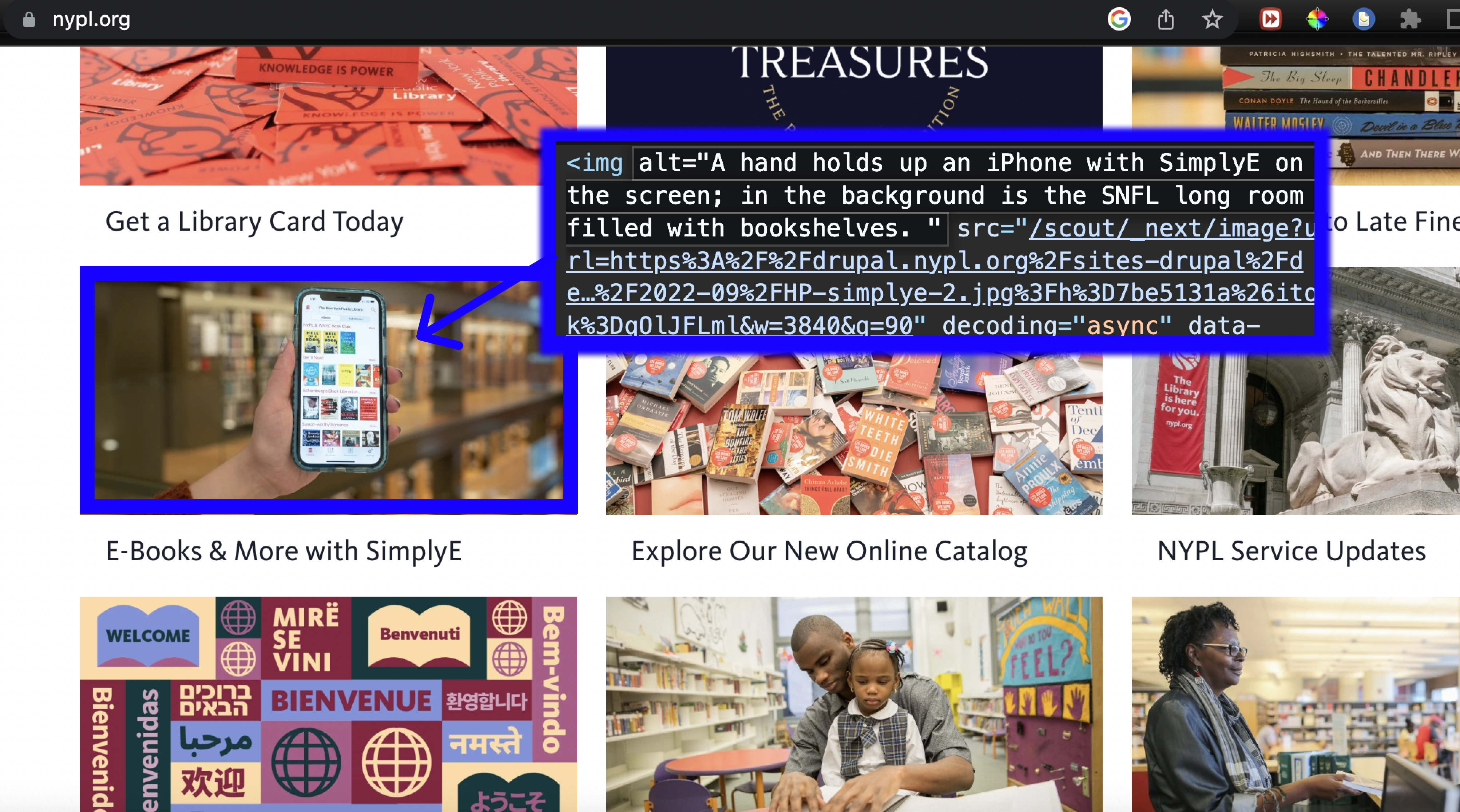 a screenshot of the NYPL website showing alt text code for an image